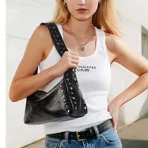 Val Boutique Handbags - Black Studded Y2K Shoulder Bag for Women Small Vegan Leather Purse Chic